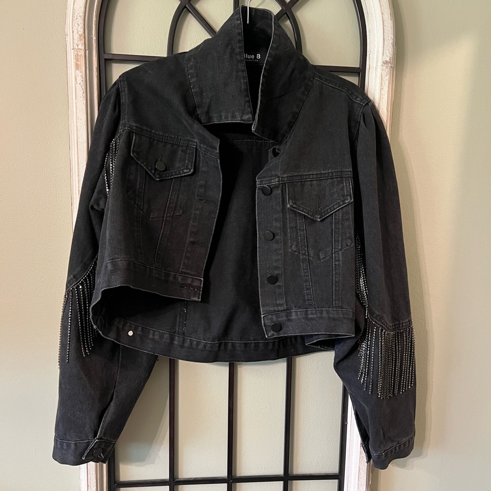 Blue B Collection Black Denim Jacket with Chain Accents